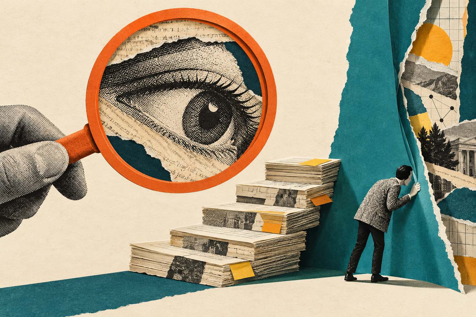 Colagem conceitual de uma mão revelando camadas de papel e uma nova perspectiva